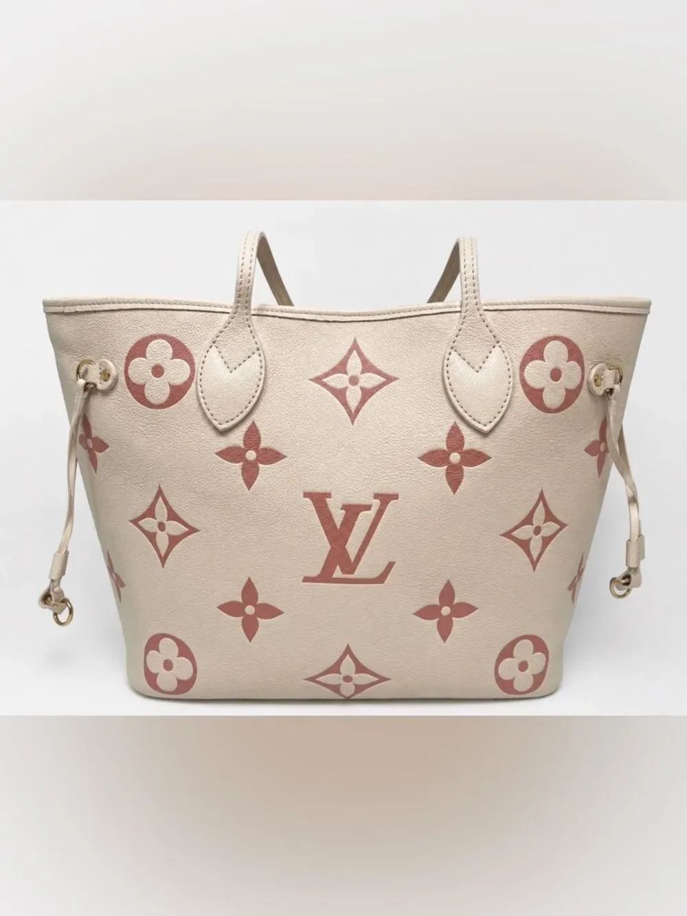 Louis Vuitton Neverfull MM Tote Bag Cream Pink Monogram Empreinte Style Tote Bag